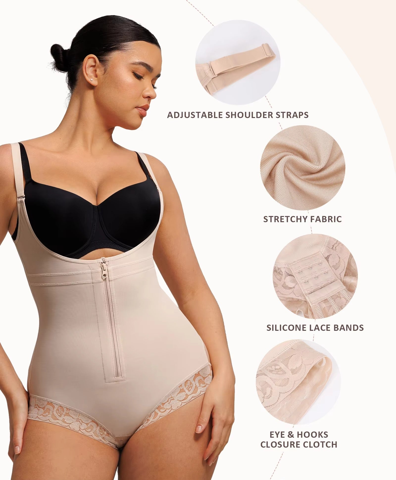 Plus Size Women's Body Shaper Firm Compression Spandex Body Suit with Lace Front Zipper Breathable Feature