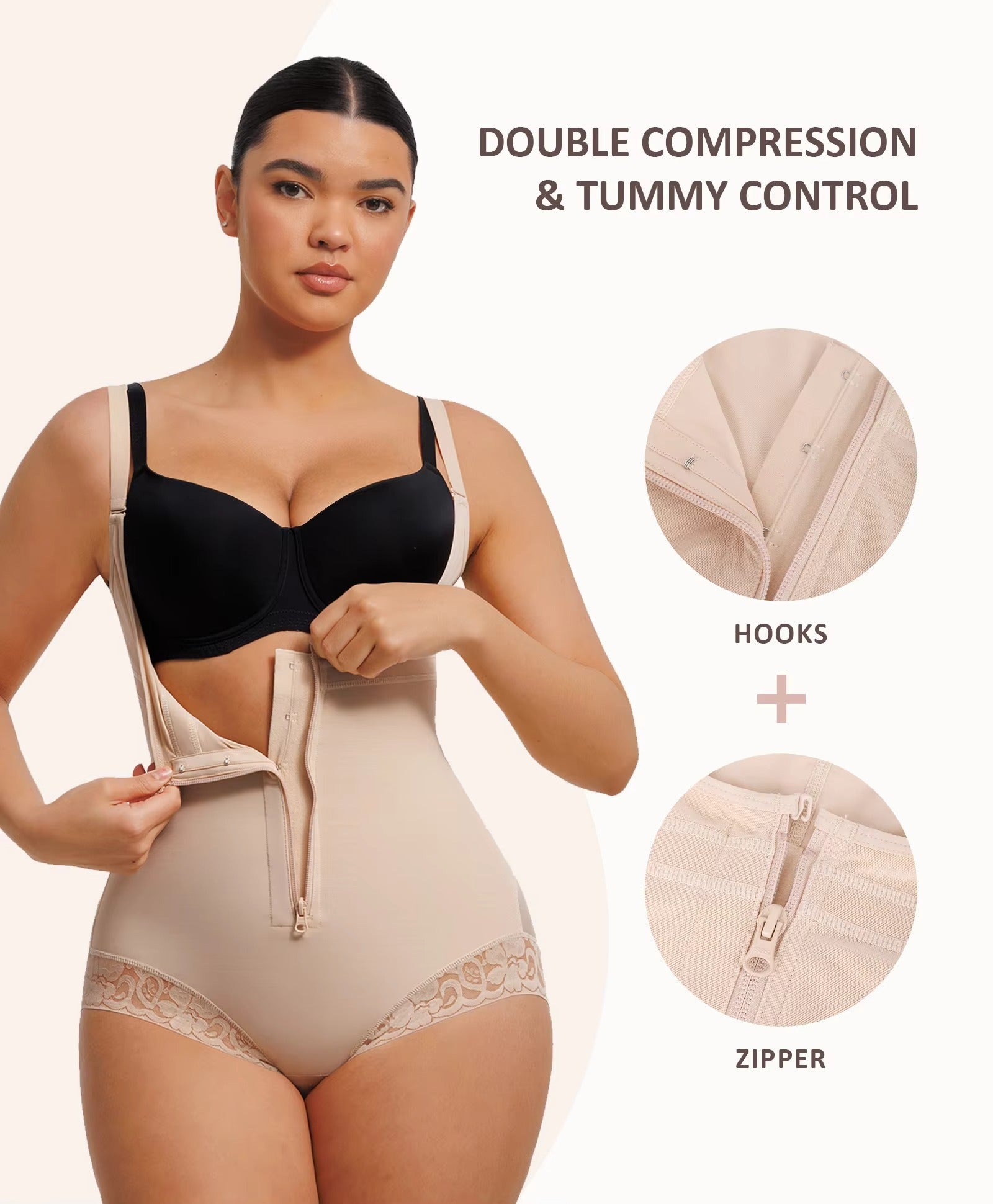 Plus Size Women's Body Shaper Firm Compression Spandex Body Suit with Lace Front Zipper Breathable Feature