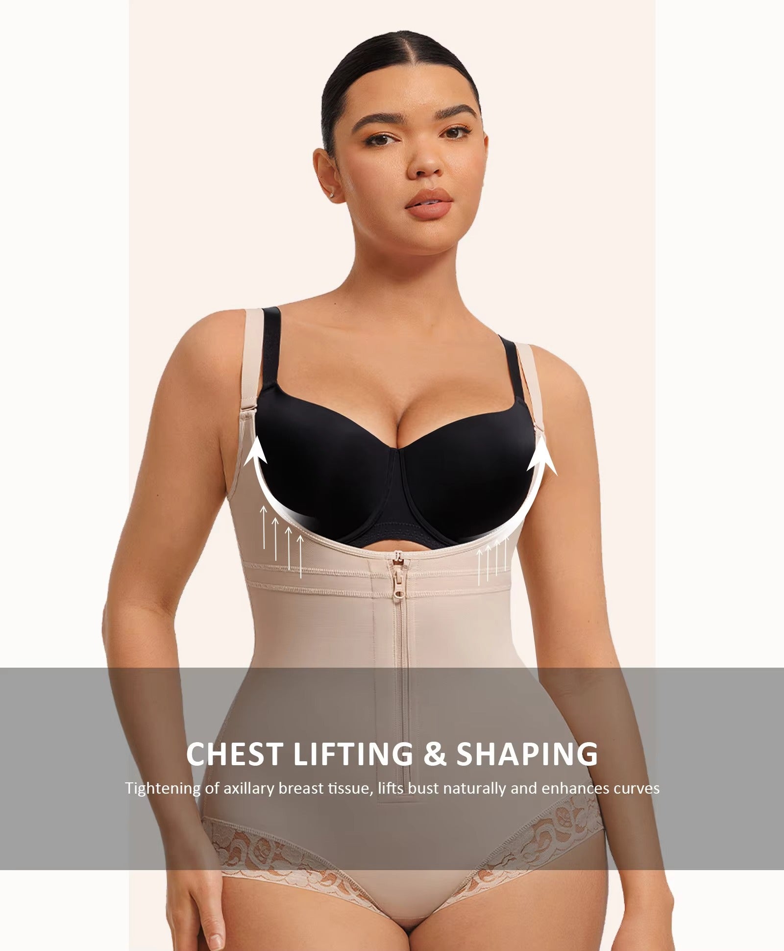 Plus Size Women's Body Shaper Firm Compression Spandex Body Suit with Lace Front Zipper Breathable Feature