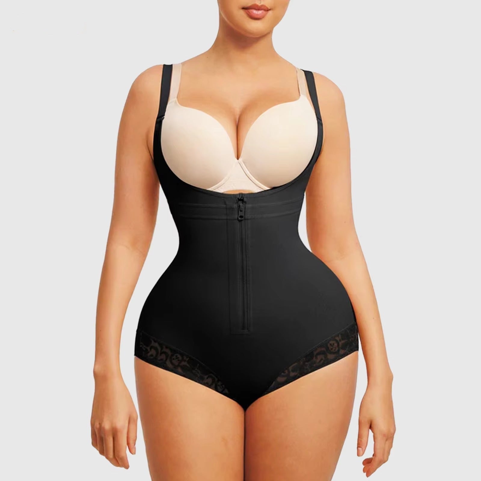 Plus Size Women's Body Shaper Firm Compression Spandex Body Suit with Lace Front Zipper Breathable Feature