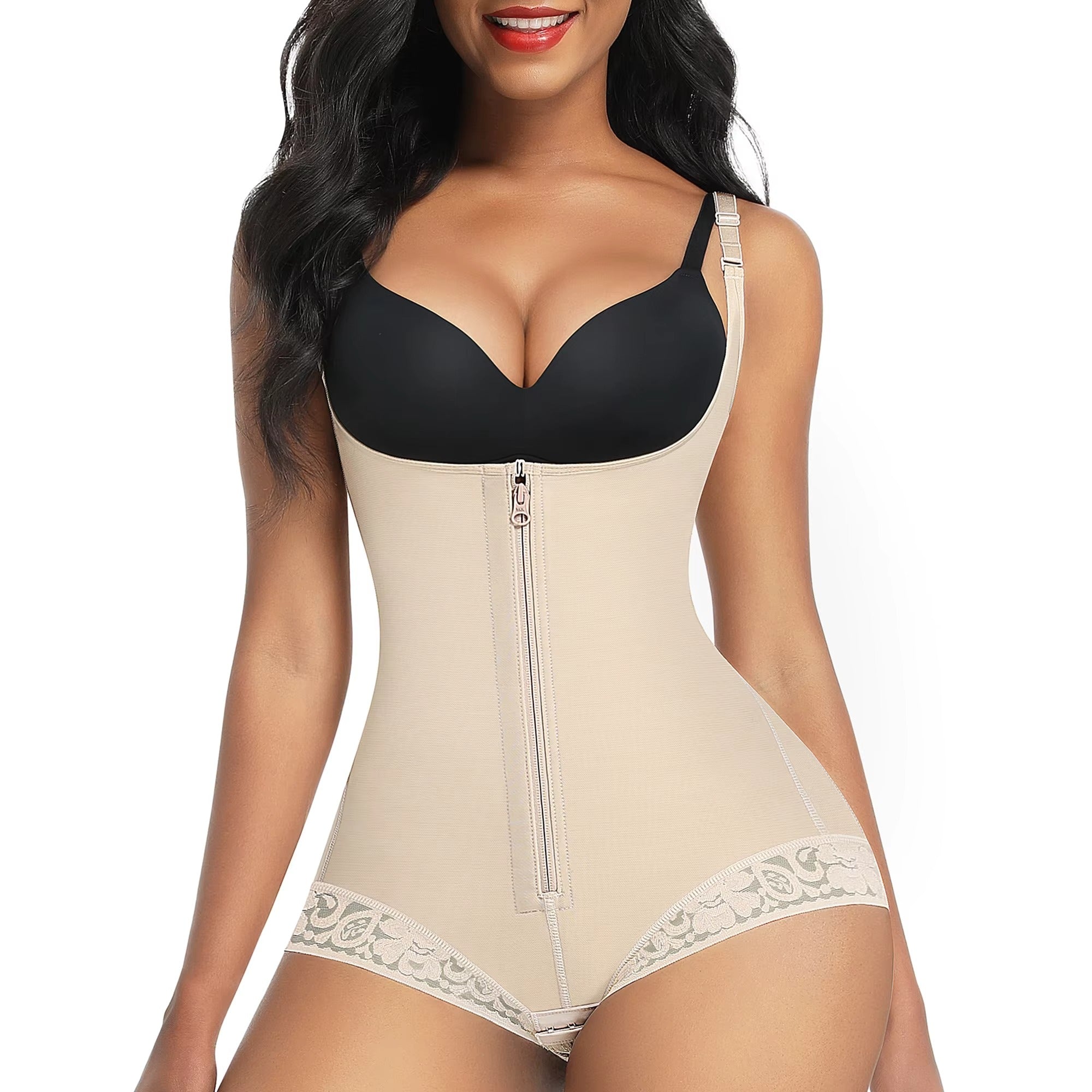 Plus Size Women's Body Shaper Firm Compression Spandex Body Suit with Lace Front Zipper Breathable Feature